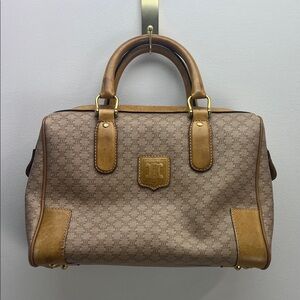 Vintage Celine Macadam Boston Bag Monogram Print Leather Trim Light Brown Tan
